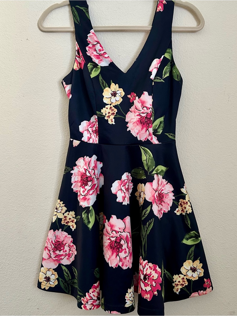 Navy Floral V-Neck Fit & Flare Dress